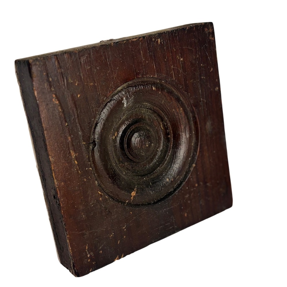 Antique Hand Carved Wood Bullseye Rosette Plinth Block Architectural Salvage 4in